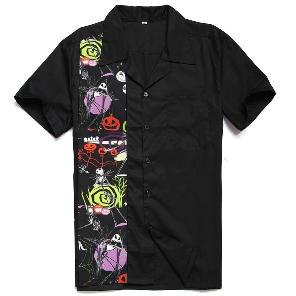 Glitz Glam And Rebellion Men's Apparel Men's Bowling Shirt In Halloween Print 3 Glitz Glam And Rebellion Men's Apparel Men's Bowling Shirt In Halloween Print