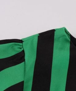 Glitz Glam And Rebellion Green And Black Striped Vintage Cotton Pleated Swing Dress Women's Apparel