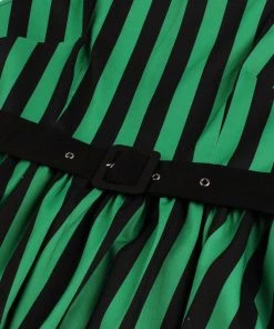 Glitz Glam And Rebellion Green And Black Striped Vintage Cotton Pleated Swing Dress Women's Apparel