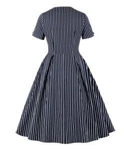 Glitz Glam And Rebellion Women's Apparel Striped Navy Blue Button Front Dress