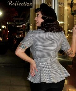 Hemet Ribbon Belt Peplum Top In Houndstooth Women's Apparel