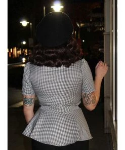 Hemet Ribbon Belt Peplum Top In Houndstooth Women's Apparel