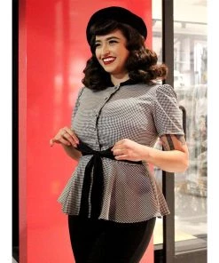 Hemet Ribbon Belt Peplum Top In Houndstooth Women's Apparel