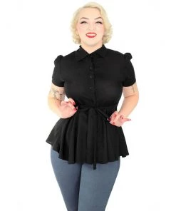 Hemet Ribbon Belt Peplum Top In Black