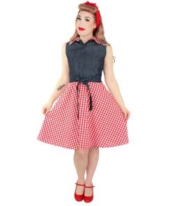 Hemet Picnic Dress In Denim & Red Gingham