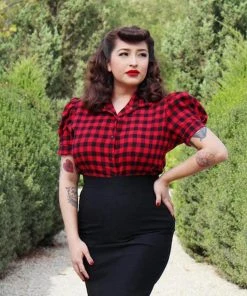 Women's Apparel Hemet Buffalo Check Pinup Top In Red