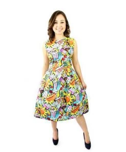 Hemet Pleated Swing Dress In Pop Art Print Women's Apparel