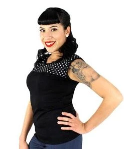 Hemet Contrast Yoke Top In Black & White Polka Dots Women's Apparel