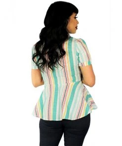 Hemet Ribbon Belt Peplum Top In Teal Stripe 7 Hemet Ribbon Belt Peplum Top In Teal Stripe