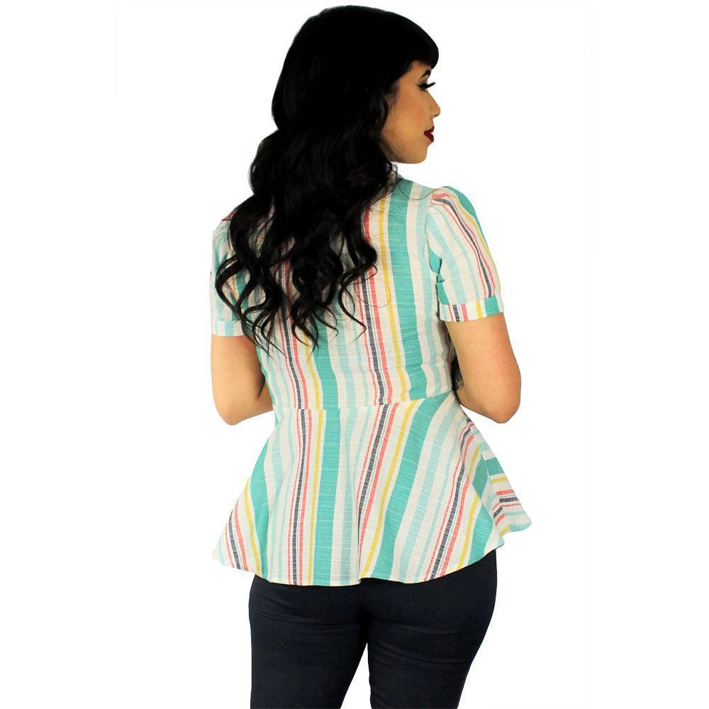 Hemet Ribbon Belt Peplum Top In Teal Stripe 5 Hemet Ribbon Belt Peplum Top In Teal Stripe