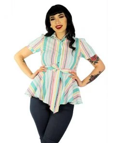 Hemet Ribbon Belt Peplum Top In Teal Stripe