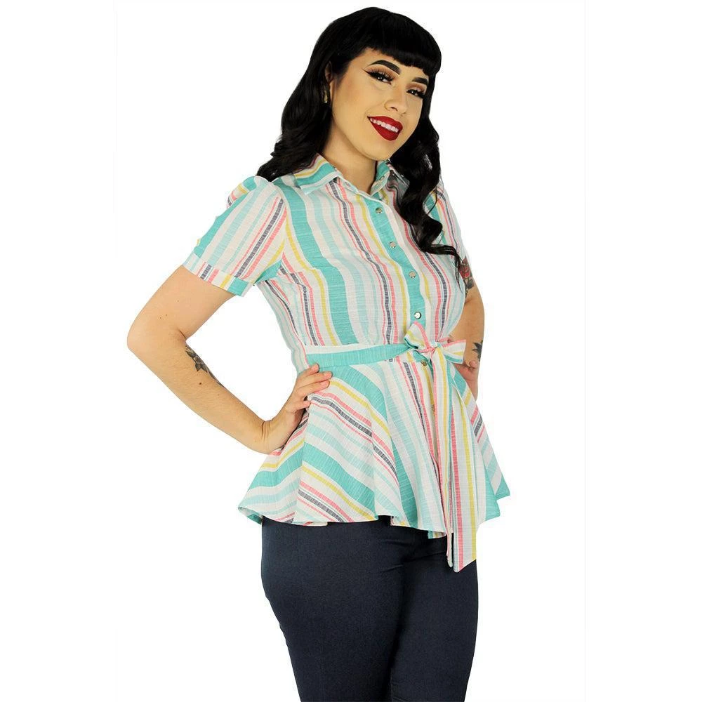 Hemet Ribbon Belt Peplum Top In Teal Stripe 4 Hemet Ribbon Belt Peplum Top In Teal Stripe