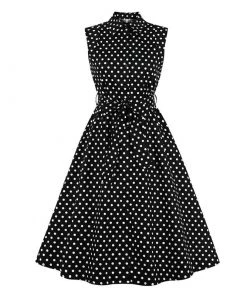 Glitz Glam And Rebellion Women's Apparel Turn Down Collar Black Polka Dot Dress