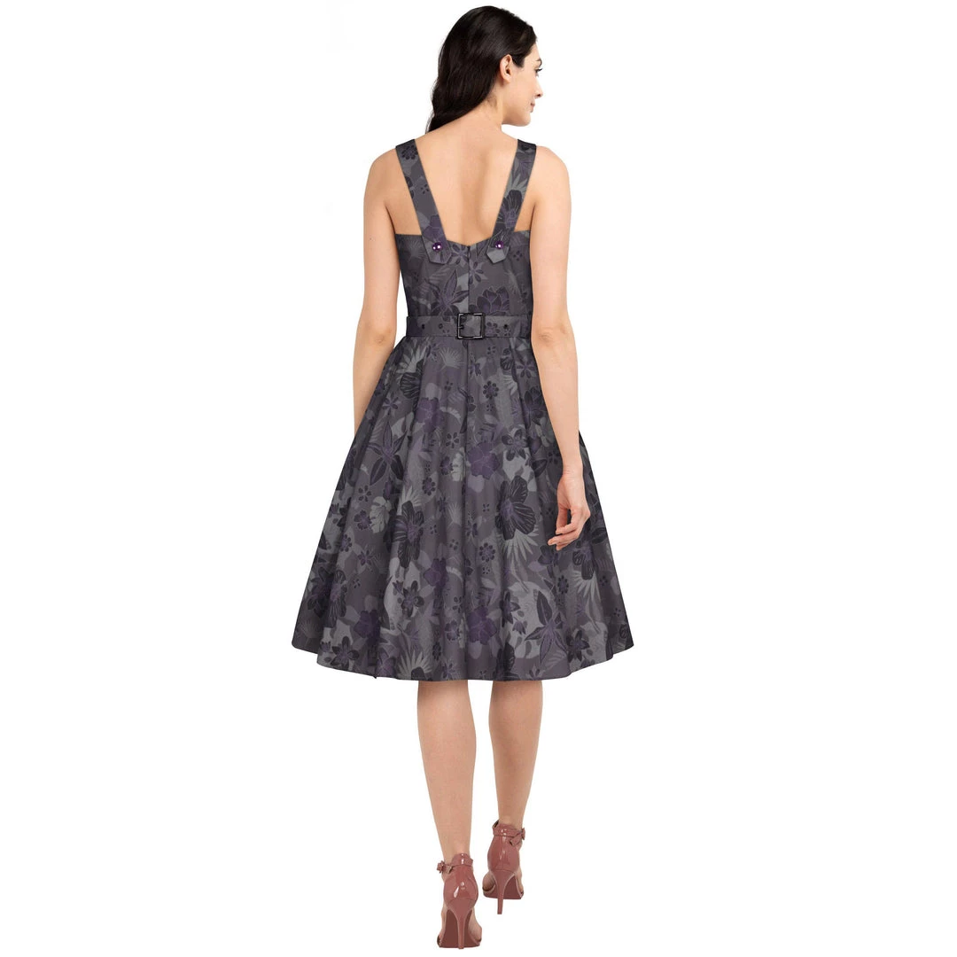 ChicStar Rhonda Rockabilly Buttons Dress In Purple Hibiscus Women's Apparel 6 ChicStar Rhonda Rockabilly Buttons Dress In Purple Hibiscus Women's Apparel