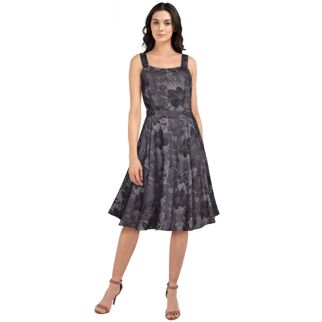 ChicStar Rhonda Rockabilly Buttons Dress In Purple Hibiscus Women's Apparel 4 ChicStar Rhonda Rockabilly Buttons Dress In Purple Hibiscus Women's Apparel