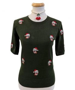 Women's Apparel Banned Holly Cat Pullover Sweater In Green