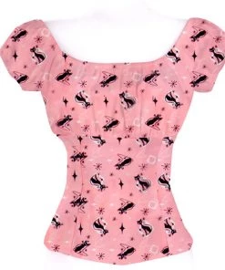 Glitz Glam And Rebellion Women's Apparel Pinup Peasant Top In Retro Kitty Print