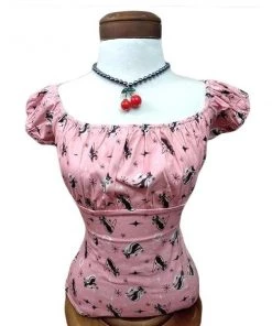 Glitz Glam And Rebellion Women's Apparel Pinup Peasant Top In Retro Kitty Print