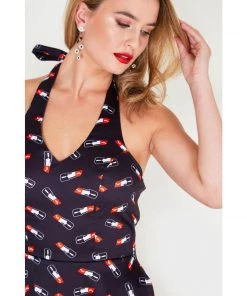 Voodoo Vixen Libby Lipstick Print Halter Swing Dress Women's Apparel