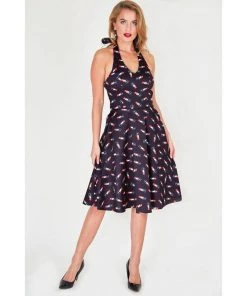 Voodoo Vixen Libby Lipstick Print Halter Swing Dress Women's Apparel