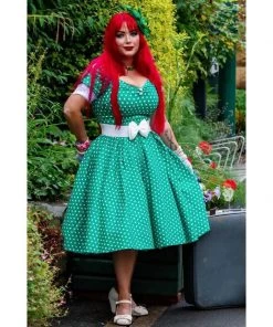 Dolly & Dotty Lily Swing Dress In Green With White Polka Dots