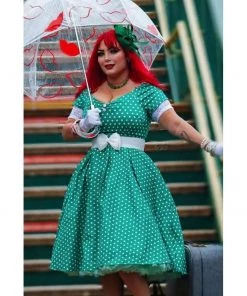 Dolly & Dotty Lily Swing Dress In Green With White Polka Dots