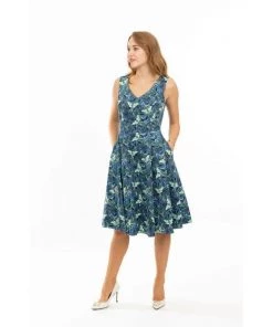 Eva Rose V-Neck Swing Dress In Green Luna Moth Print Women's Apparel