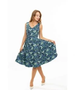 Eva Rose V-Neck Swing Dress In Green Luna Moth Print Women's Apparel