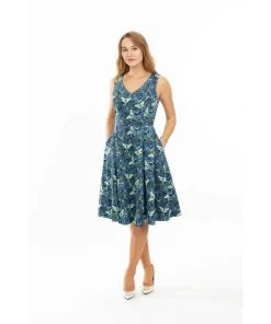 Eva Rose V-Neck Swing Dress In Green Luna Moth Print Women's Apparel