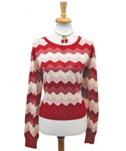Collectif Machi ZigZag Sweater Knit Top In Red And Pink Women's Apparel