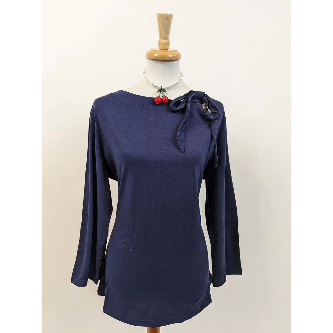 Women's Apparel Voodoo Vixen Melanie Tie Neck Top In Navy 6 Women's Apparel Voodoo Vixen Melanie Tie Neck Top In Navy