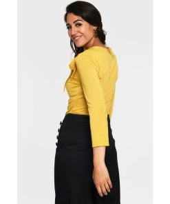 Voodoo Vixen Melanie Tie Neck Top In Mustard Polka Dot