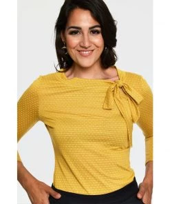 Voodoo Vixen Melanie Tie Neck Top In Mustard Polka Dot