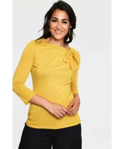 Voodoo Vixen Melanie Tie Neck Top In Mustard Polka Dot