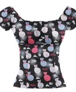 Glitz Glam And Rebellion Pinup Peasant Top In Meow Print Women's Apparel