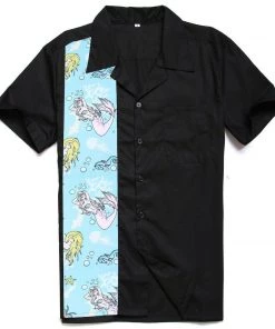 Glitz Glam And Rebellion Men's Bowling Shirt In Black With Mermaid Panel Men's Apparel