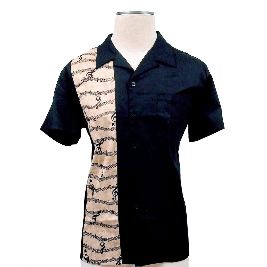 Glitz Glam And Rebellion Men's Bowling Shirt With Music Note Panel Men's Apparel 3 Glitz Glam And Rebellion Men's Bowling Shirt With Music Note Panel Men's Apparel