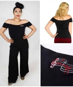 Glitz Glam And Rebellion Black Music Note Off-Shoulder Top Women's Apparel