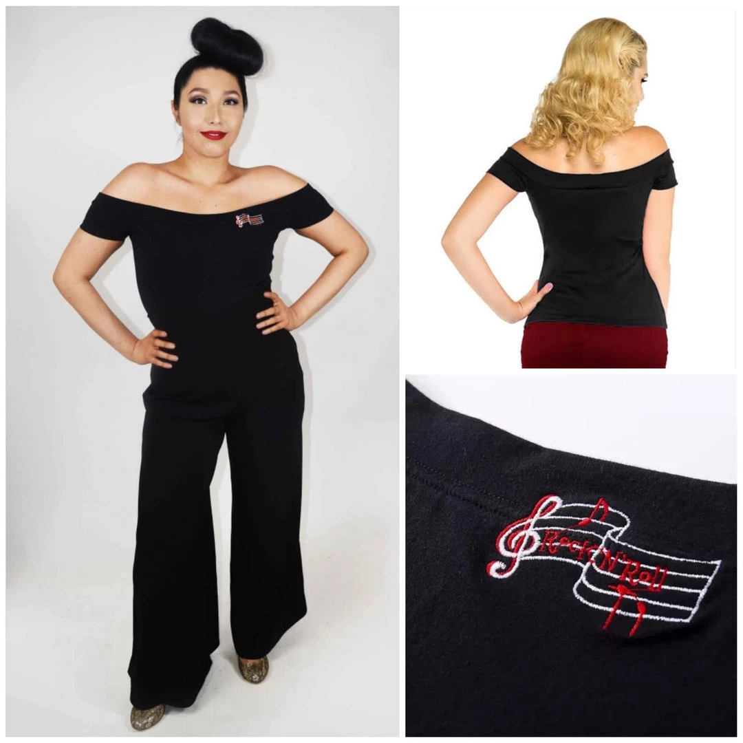 Glitz Glam And Rebellion Black Music Note Off-Shoulder Top Women's Apparel 3 Glitz Glam And Rebellion Black Music Note Off-Shoulder Top Women's Apparel
