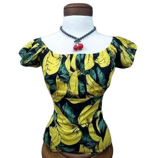 Glitz Glam And Rebellion Women's Apparel Pinup Peasant Blouse In Banana Print 3 Glitz Glam And Rebellion Women's Apparel Pinup Peasant Blouse In Banana Print