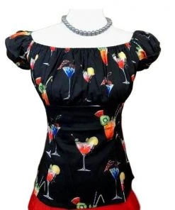 Glitz Glam And Rebellion Pinup Peasant Top In Cocktails Print Women's Apparel