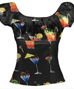 Glitz Glam And Rebellion Pinup Peasant Top In Cocktails Print Women's Apparel