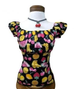 Glitz Glam And Rebellion Pinup Peasant Top In Summer Fruit Print Women's Apparel