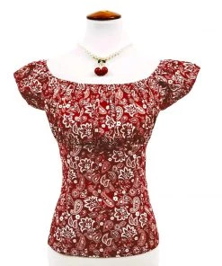 Glitz Glam And Rebellion Pinup Peasant Top In Red Paisley Women's Apparel
