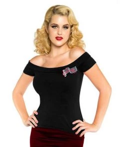 Glitz Glam And Rebellion Black Music Note Off-Shoulder Top Women's Apparel