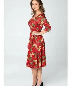 Women's Apparel Miss Lulo Pamela Swing Dress In Red Floral Print 8 Women's Apparel Miss Lulo Pamela Swing Dress In Red Floral Print