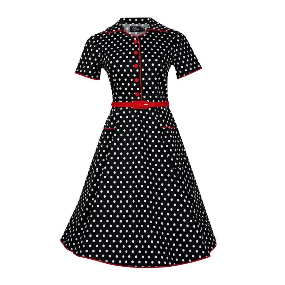 Women's Apparel Dolly & Dotty Penelope Shirt Dress In Black With White Dots 5 Women's Apparel Dolly & Dotty Penelope Shirt Dress In Black With White Dots