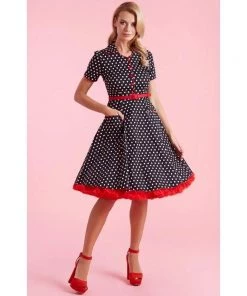 Women's Apparel Dolly & Dotty Penelope Shirt Dress In Black With White Dots