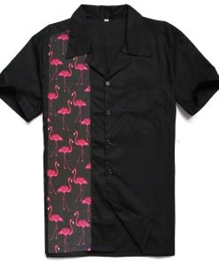 Glitz Glam And Rebellion Men's Bowling Shirt With Pink Flamingo Panel