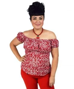 Glitz Glam And Rebellion Pinup Peasant Top In Red Paisley Women's Apparel